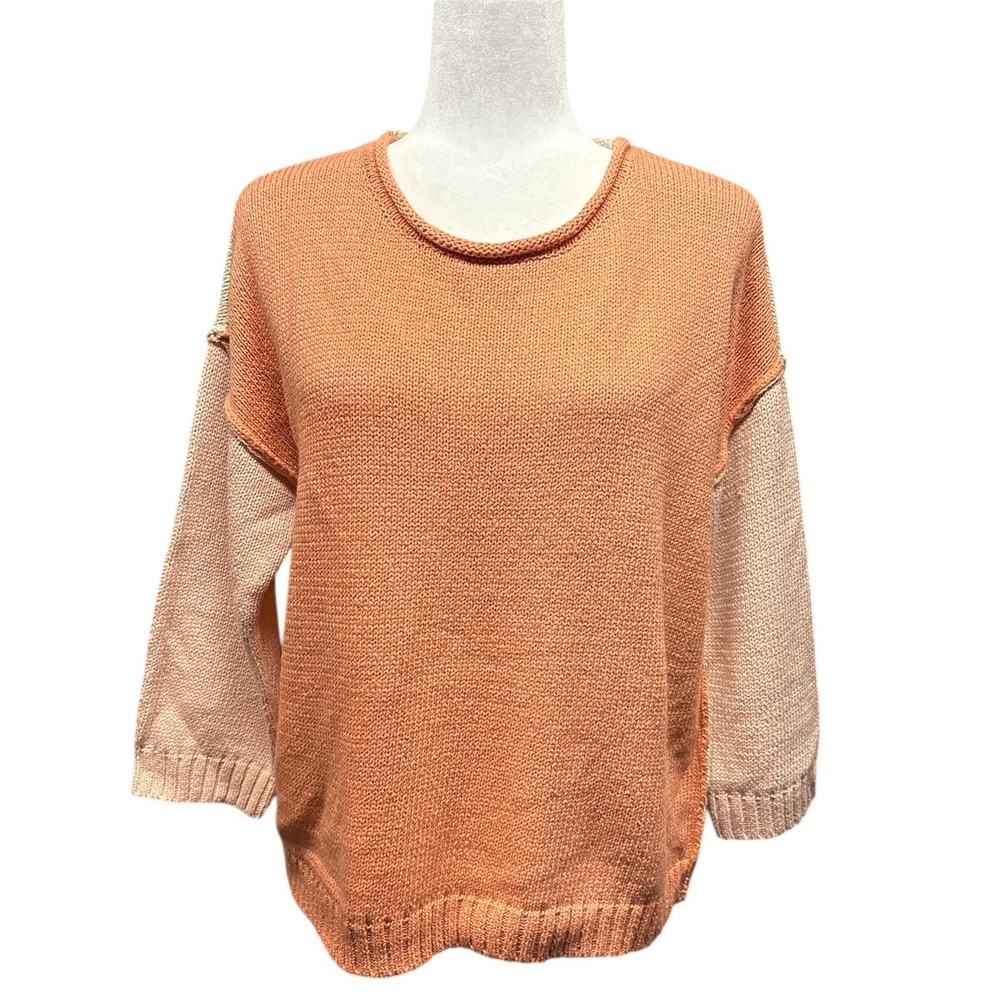 NWT Tribal Colorblock Sweater Sunset Orange‎ Pink Beige M Oversized 3/4 Sleeve